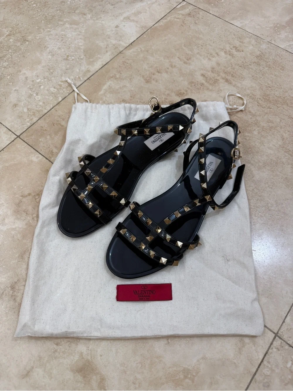 Valentino Black Rockstud Gladiator Jelly Flat